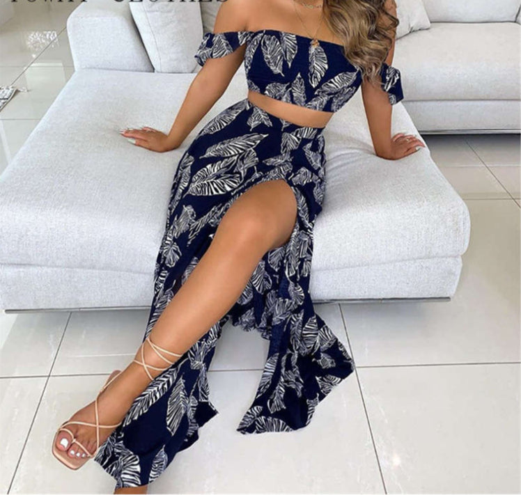 Polka Dot Print Off Shoulder Tube Top & Wide Slit Maxi Skirts Sexy Wholesale Womens 2 Piece Sets