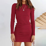Solid Color Long Sleeve Rib Knit Drawstring Wholesale Ruched Dresses For Women