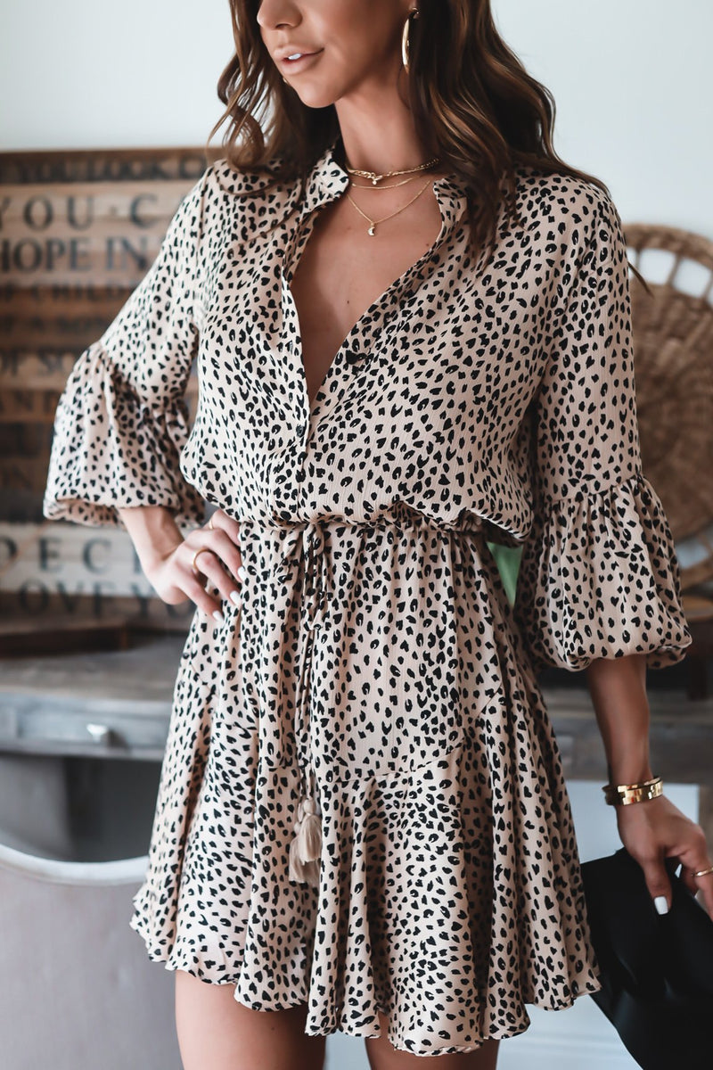 Leopard Print Button Long Lantern Sleeve Ruffles Lace-Up Swing Dress Casual Wholesale Dresses