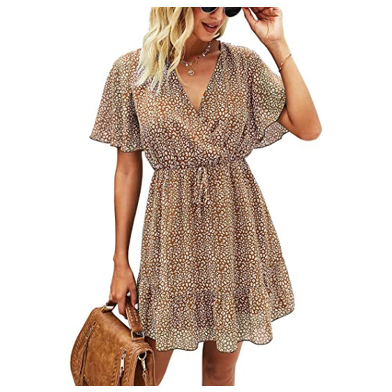 Dot Print Short Sleeve Ruffles V Neck Lace-Up Chiffon Short Flowy Swing Dress Casual Wholesale Dresses