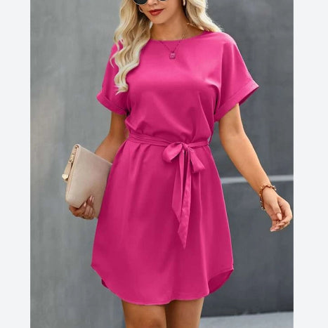 Summer Loose Solid Color Lace-Up Short Sleeve Midi Dresses Business Casual T Shirt Dress Wholesale SD531307