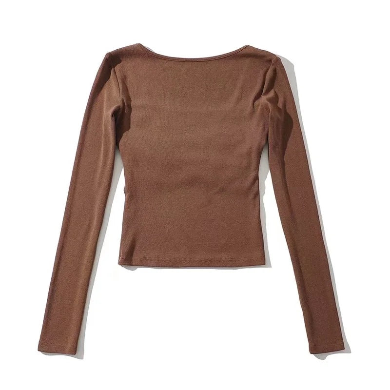 Square Collar Pleated Long Sleeve Solid Color Sexy Crop Top Wholesale Women Top