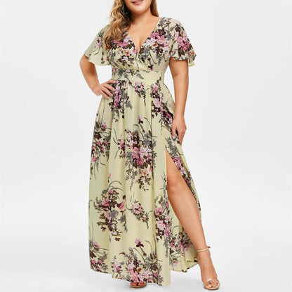 V Neck Floral Print Nipped Waist Slit Curvy Maxi Dresses Wholesale Plus Size Clothing