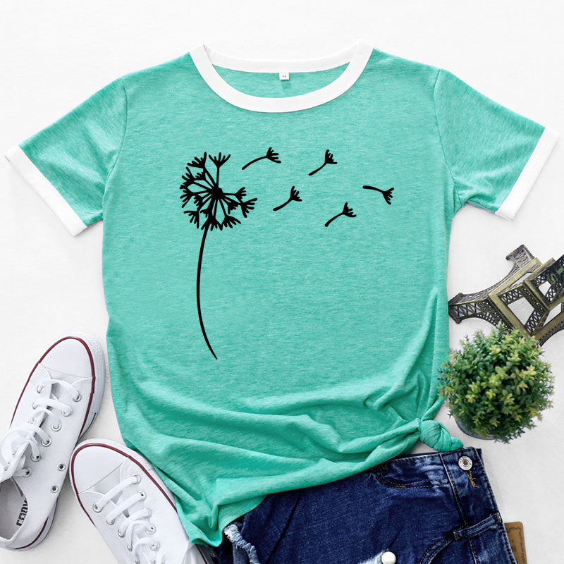 Fashion Patchwork Contrast Dandelion Print Tops Short Sleeve Womens T Shirts Wholesale