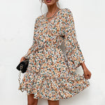 V-Neck Printed Flared Long-Sleeve Floral Dress Wholesale Dresses