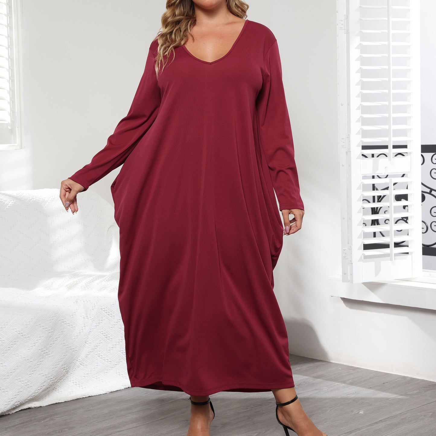 V-Neck Loose Maxi Dress Wholesale Plus Size Dresses Casual Tieback Design