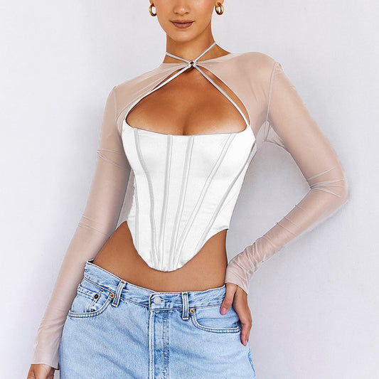 Sexy Fishbone Hollow Perspective Mesh Satin Mosaic Cropped Top Wholesale Women Top