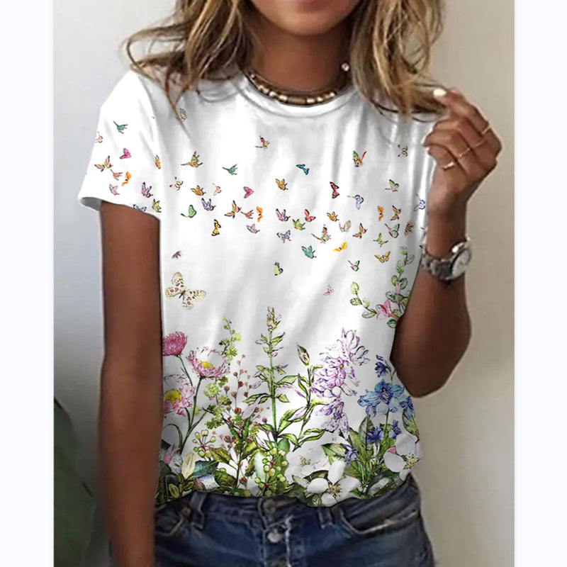 Casual Print Tops Short Sleeve Loose Womens T Shirts Wholesale