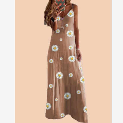 Daisy Print Spaghetti Strap Sleeveless Wholesale Maxi Dresses for Summer