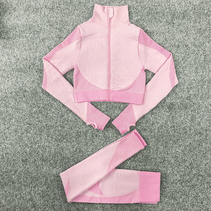 Colorblock Knitting Cardigan & Leggings Fitness Yoga Suits 2pcs Wholesale Activewear Sets