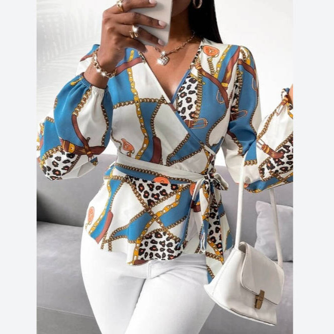 Printed V-Neck Lace-Up Long Sleeve Blouse Wholesale Women Tops