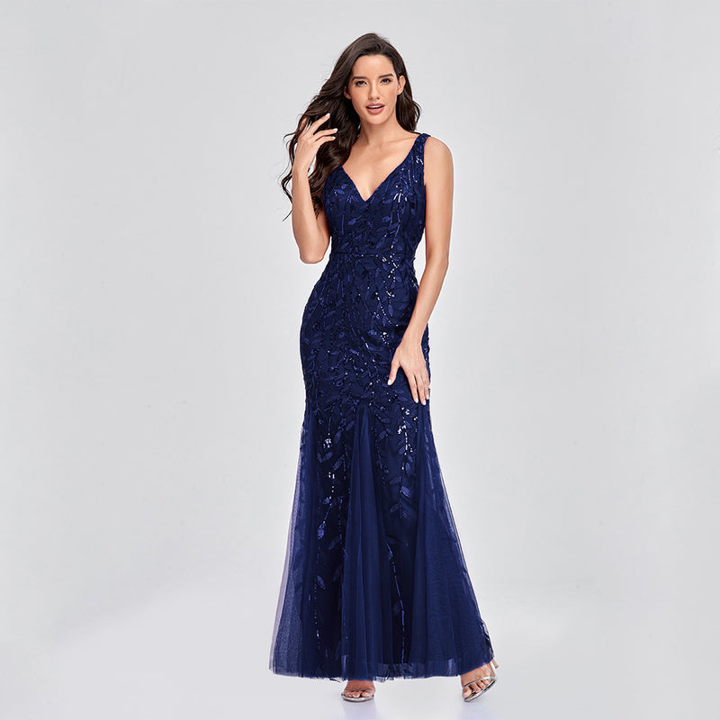 V-Neck Sexy Leaf Embroidered Sequins Slim Fishtail Prom Evening Dress Wholesale Maxi Dresses