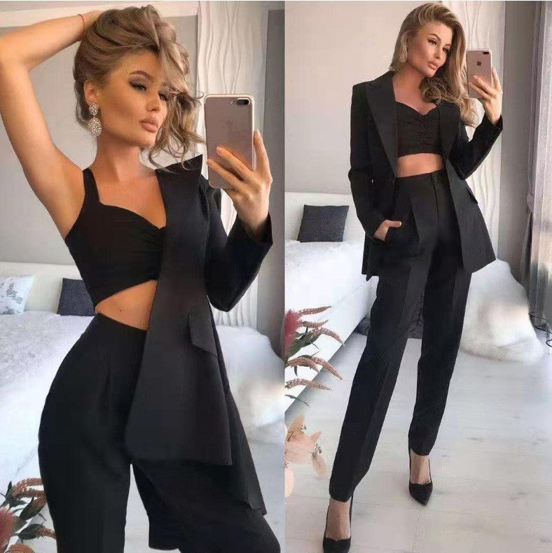 Solid Color Loose Blazer & Inner Top & Pants 3pcs Suits Wholesale Women Sets