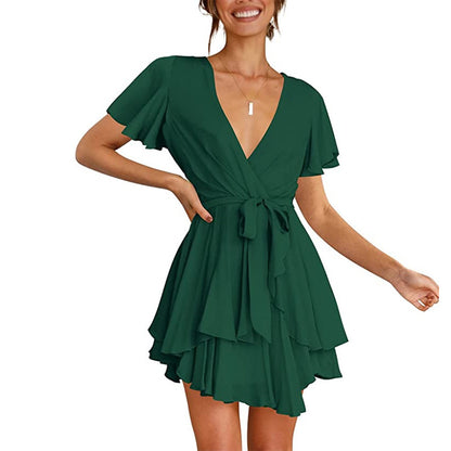 Deep V Lace Up Mini Flowy Dress Chic Lotus Leaf Sleeve Asymmetrical Hems Wholesale Dresses Chiffon