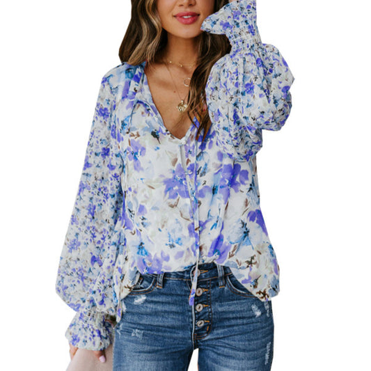 Floral Print Casual Lantern Sleeve Shirt Chiffon Blouse Wholesale Womens Tops