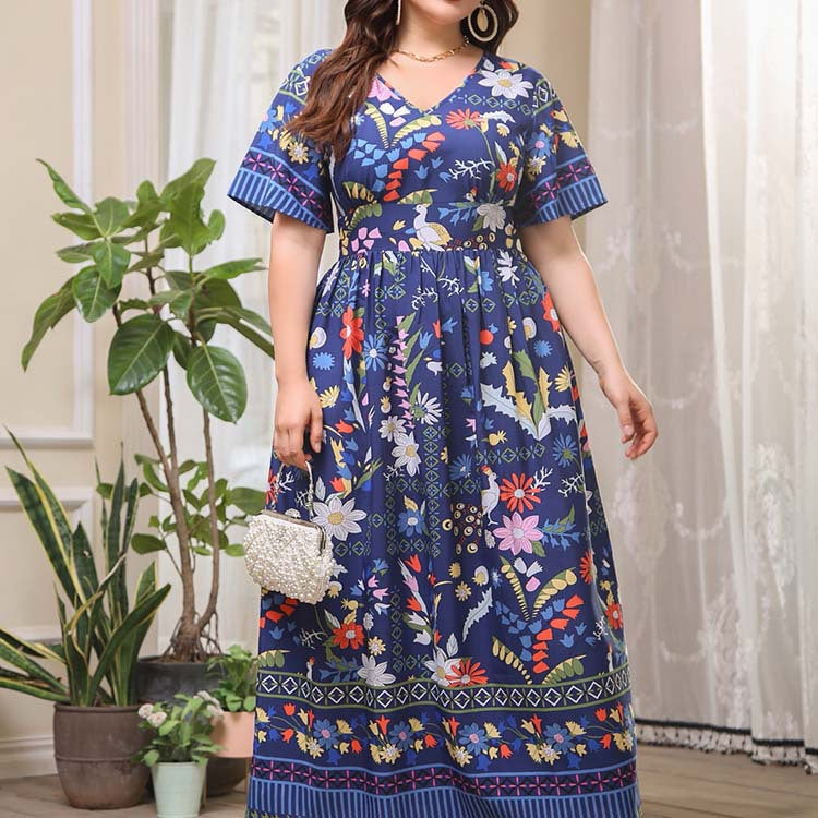 Sexy V-Neck Dress Short Sleeve Print Plus Size Wholesale Dresses