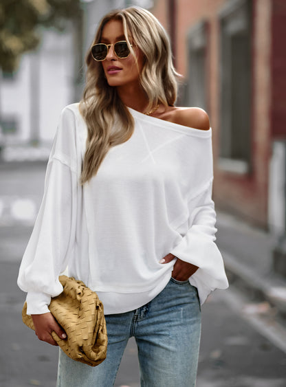 Solid Color Off Shoulder Long Sleeve Loose T-Shirts Wholesale Womens Tops