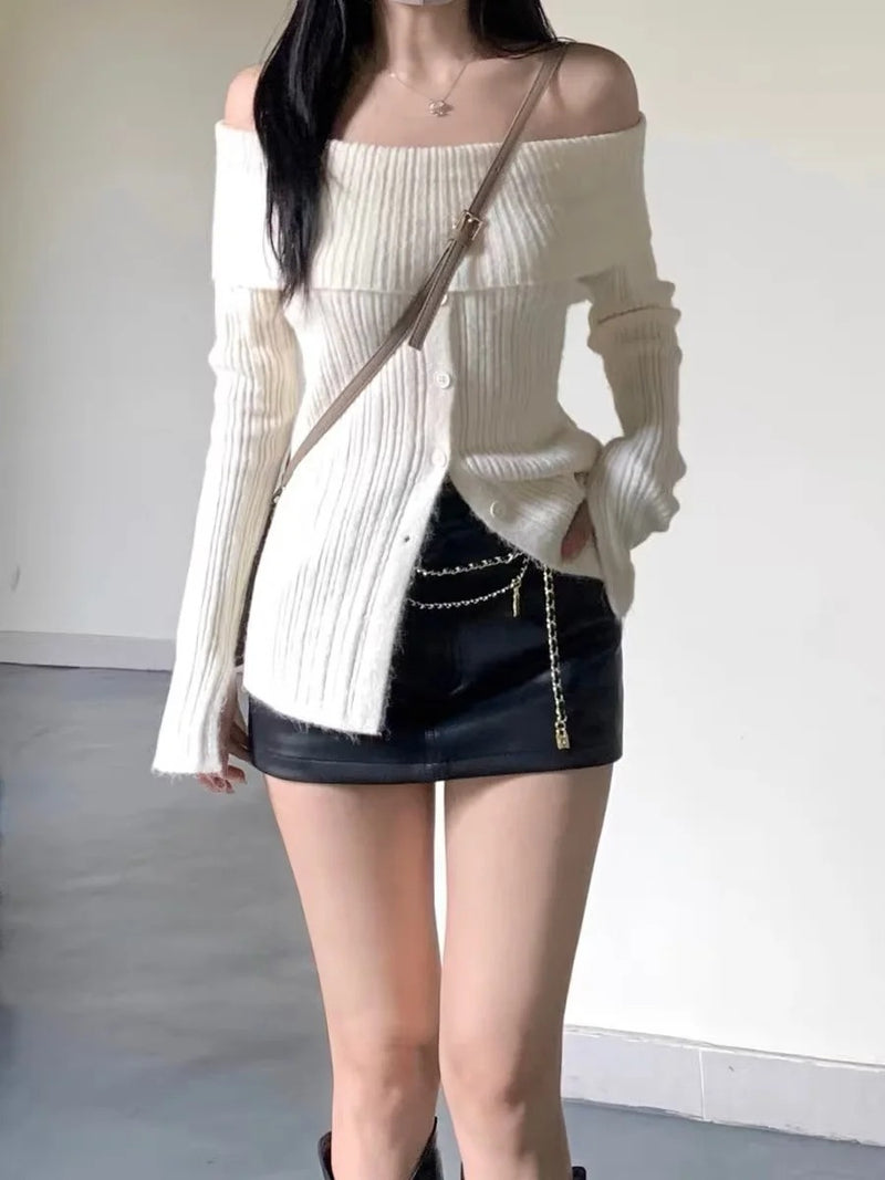 Knitted Sexy One-Shoulder Soft Waxy Single-Breasted Sweater Wholesale Women Top