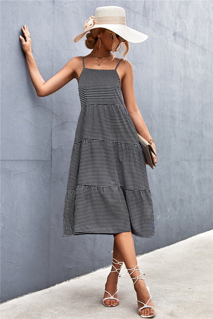 Plaid Sling Smocked Midi Dress Casual Vacation Wholesale Dresses