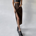PU Matte Leather Sexy Slit Midi High Waist Wholesale Skirt