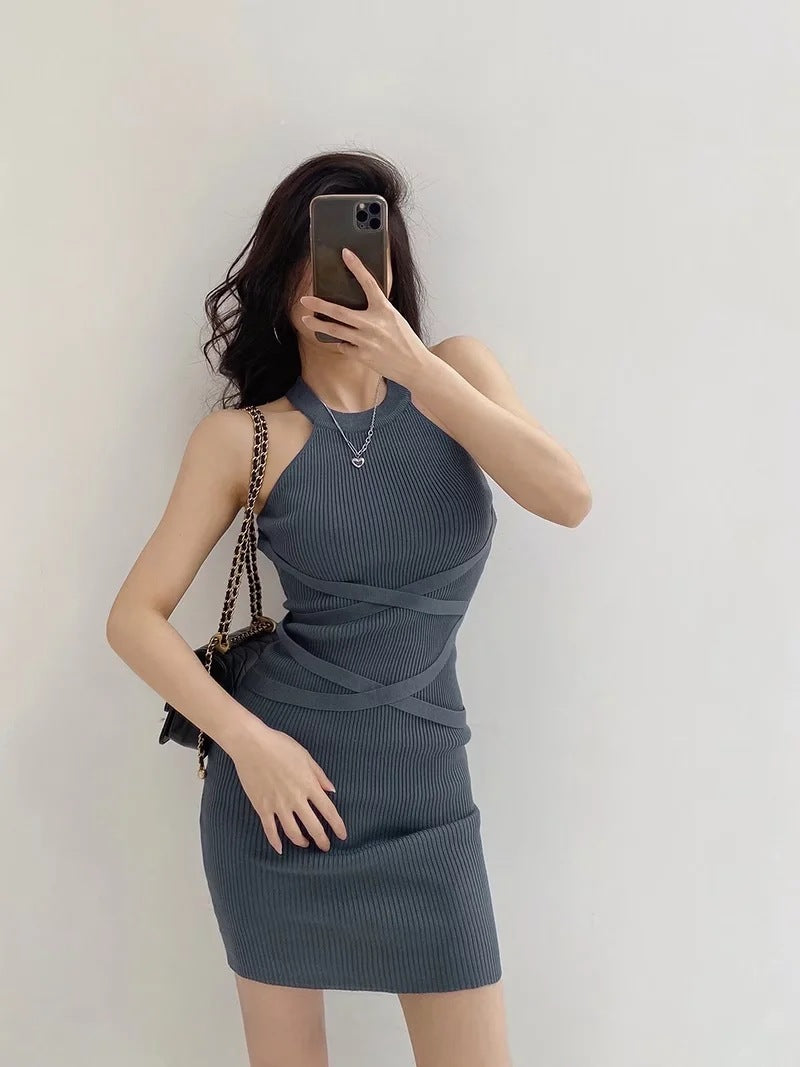 Plain Color Halterneck Sleeveless Knit Wholesale Bodycon Dresses