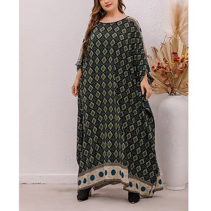 Vintage Print Batwing Sleeve Round Neck Wholesale Plus Size Dresses