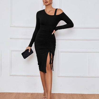 Off Shoulder Long Sleeve Package Hip Drawstring Knitted Dress Wholesale Dresses