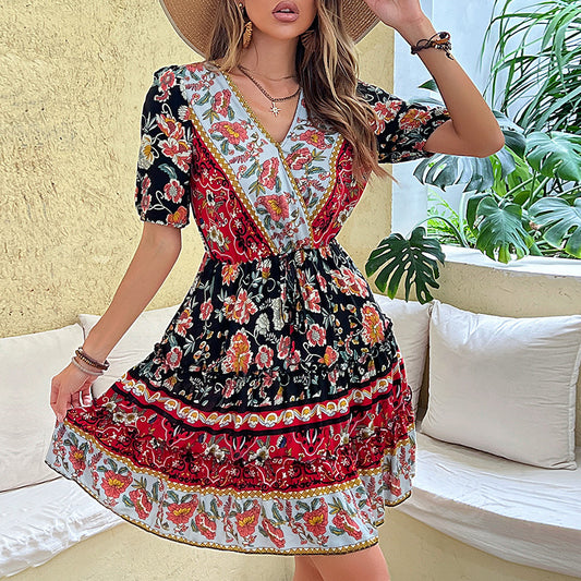 Ethnic Style Print V Neck Resort Dresses Wholesale Bohemian Dress For Women