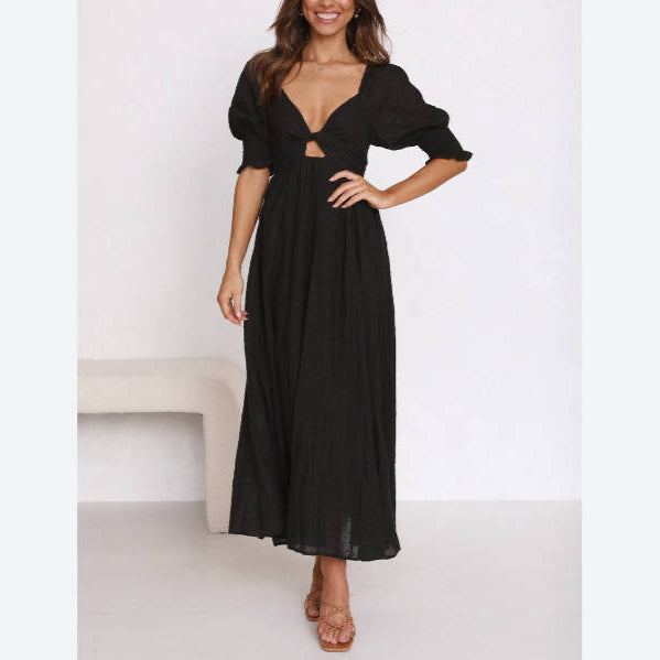 Trendy Knotted Puff Sleeve Wasit Hollow Swing Dress Wholesale Maxi Dresses