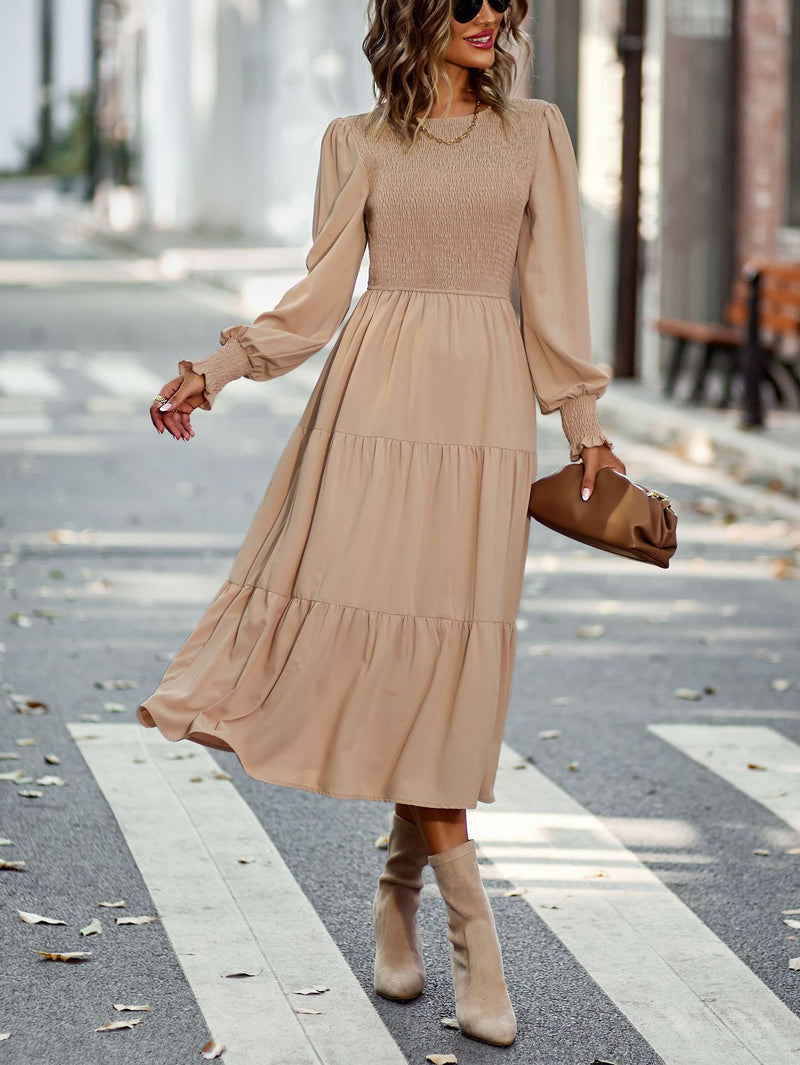 Casual High Waist Swing Dress Solid Color Long Sleeve Midi Wholesale Dresses