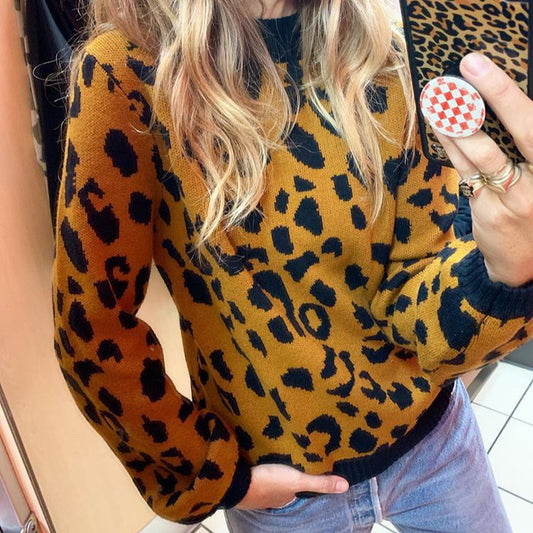 Fashion Leopard Print Slim Crew Neck Long Sleeve Stretch Wholesale Sweaters