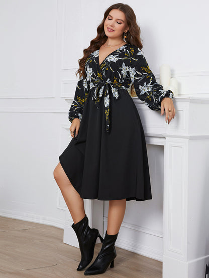 Long Sleeve Floral Print Tie-Up Curvy Dresses Wholesale Plus Size Clothing