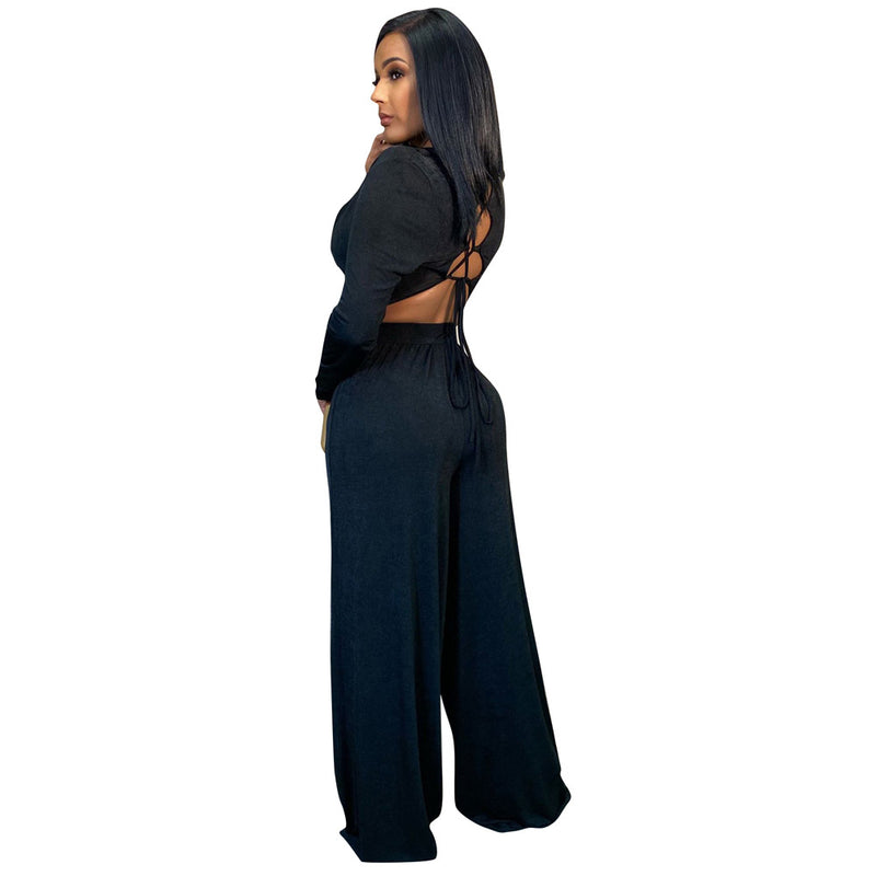 Backless Two Piece Outfits V Neck Black Women Clothing Sets