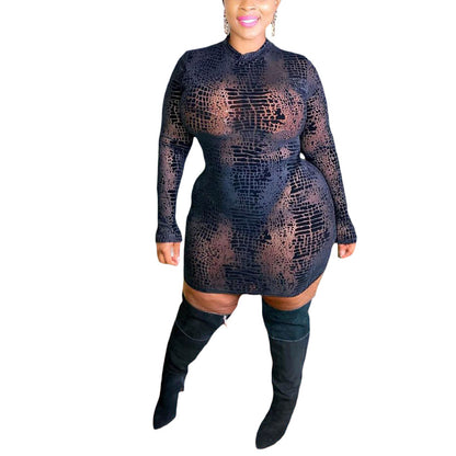 Plus Size Women Hollow Sexy Printed Zipper Long Sleeve Dress