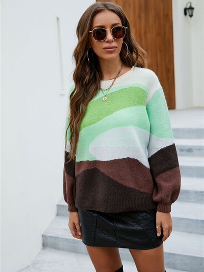 Splicing Knitted O-neck Patchwork Colorblock Sweater Pullover Sweater 2021 Autumn and Winter New Color