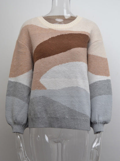 Splicing Knitted O-neck Patchwork Colorblock Sweater Pullover Sweater 2021 Autumn and Winter New Color