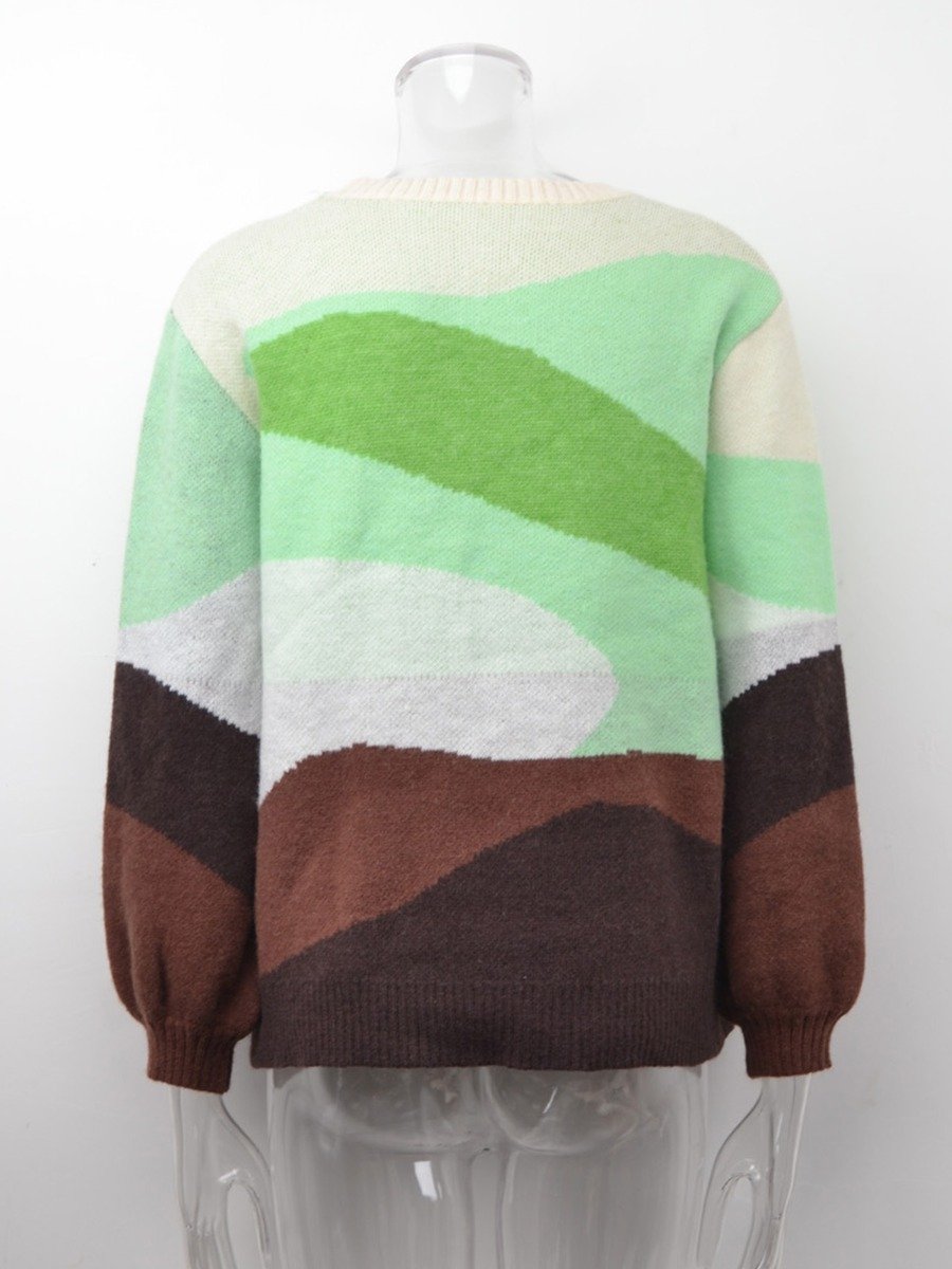 Splicing Knitted O-neck Patchwork Colorblock Sweater Pullover Sweater 2021 Autumn and Winter New Color