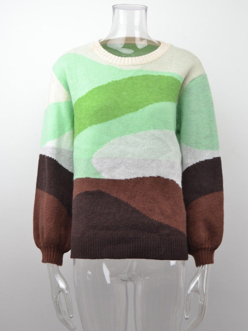 Splicing Knitted O-neck Patchwork Colorblock Sweater Pullover Sweater 2021 Autumn and Winter New Color