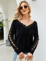Women's Sweater Cardigan Knitted Fungus Edge V-neck Hollow Sleeve Lace Stitching Blouse