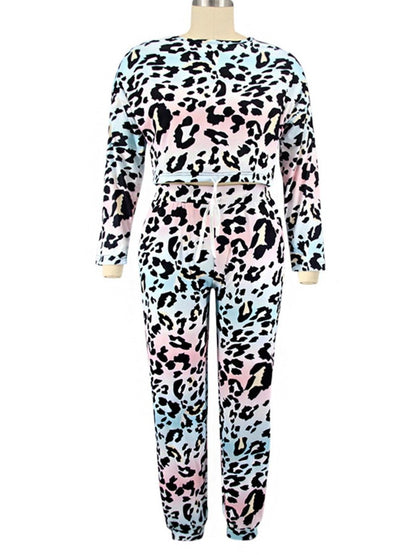 Plus Size Leopard Print Drawstring Top And Pants Set Loose Large Women's Leisure Sports Suit