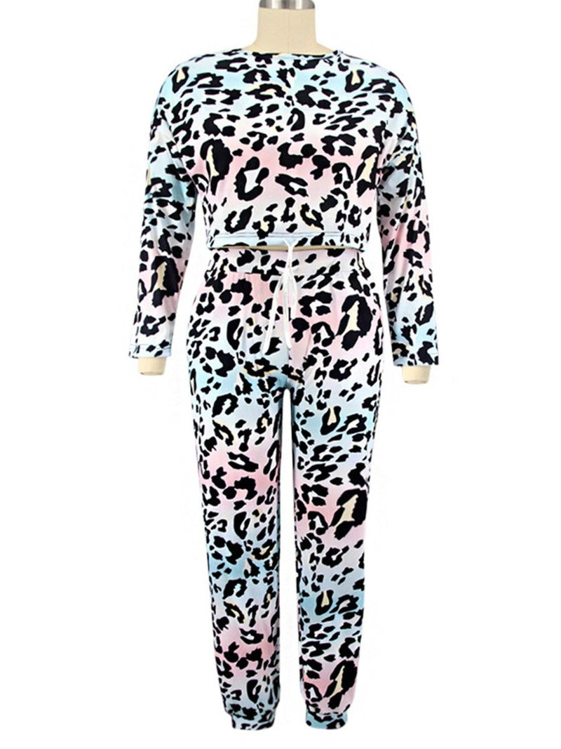 Plus Size Leopard Print Drawstring Top And Pants Set Loose Large Women's Leisure Sports Suit
