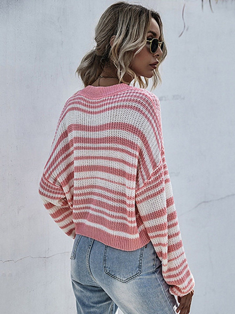 Round Neck Long Sleeve Bottomed Short Striped Sweater Women Base Knitted Blouse Sweater