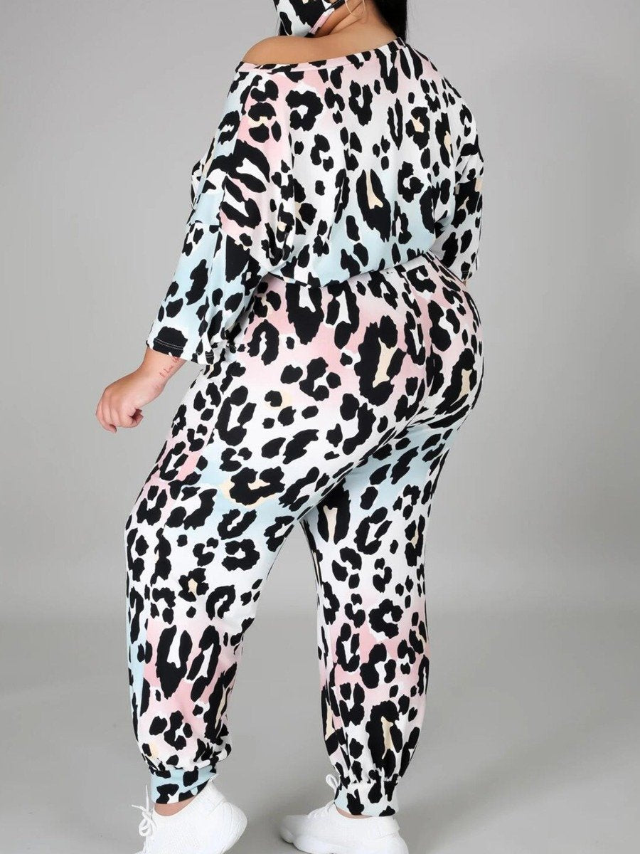 Plus Size Leopard Print Drawstring Top And Pants Set Loose Large Women's Leisure Sports Suit