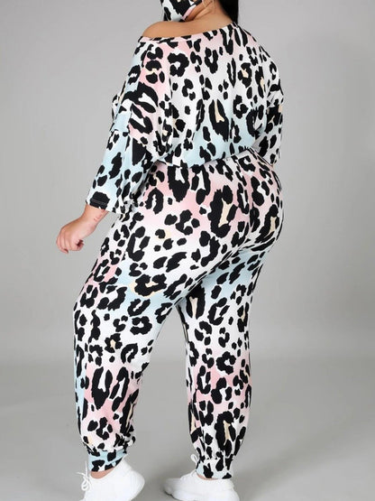 Plus Size Leopard Print Drawstring Top And Pants Set Loose Large Women's Leisure Sports Suit