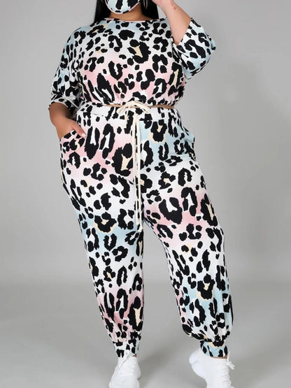 Plus Size Leopard Print Drawstring Top And Pants Set Loose Large Women's Leisure Sports Suit