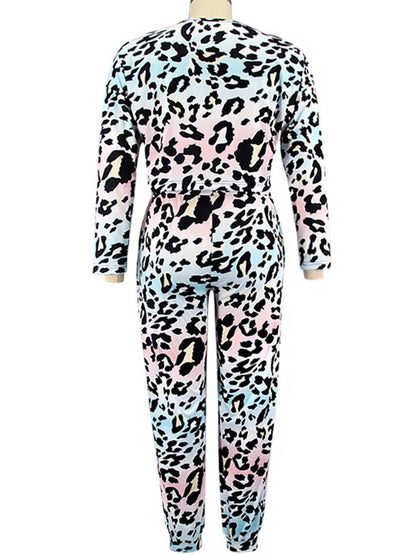 Plus Size Leopard Print Drawstring Top And Pants Set Loose Large Women's Leisure Sports Suit