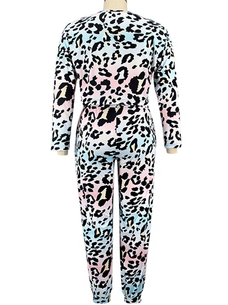 Plus Size Leopard Print Drawstring Top And Pants Set Loose Large Women's Leisure Sports Suit