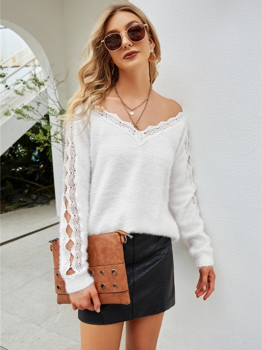 Women's Sweater Cardigan Knitted Fungus Edge V-neck Hollow Sleeve Lace Stitching Blouse