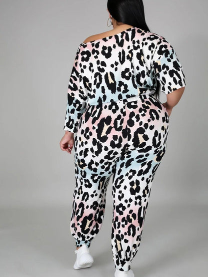 Plus Size Leopard Print Drawstring Top And Pants Set Loose Large Women's Leisure Sports Suit