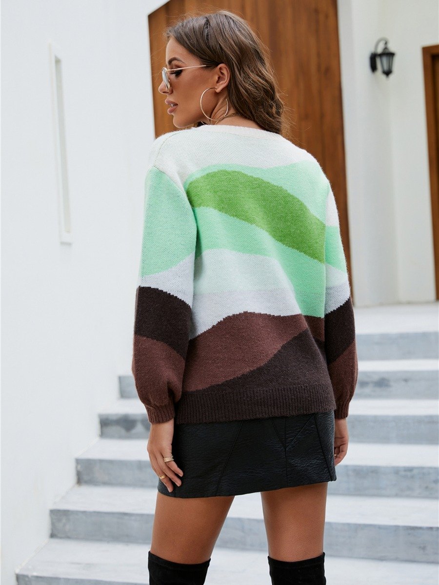 Splicing Knitted O-neck Patchwork Colorblock Sweater Pullover Sweater 2021 Autumn and Winter New Color